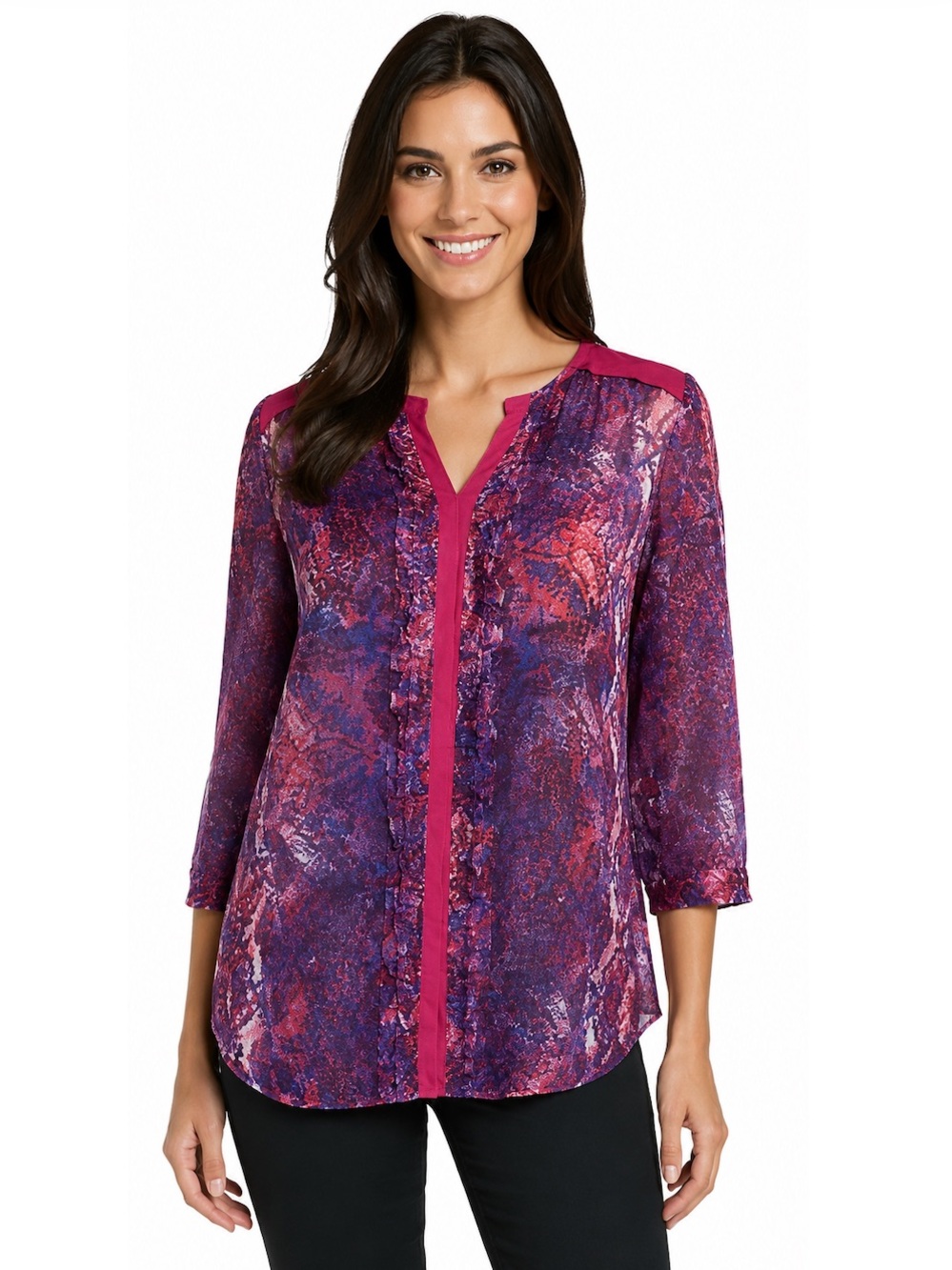 Tahari printed pin tuck blouse. Purple. Medium